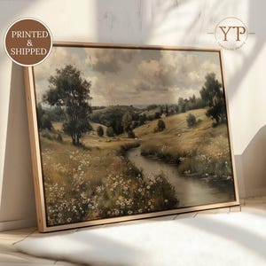 Vintage Spring Meadow Landscape Wall Art, Wildflower River Countryside Farmhouse Print
