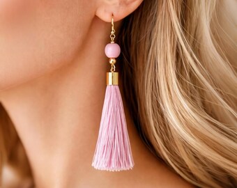 Pink Tassel Earrings, Dangle Earrings, Boho Earrings for Women, Gift for Her, Lightweight Statement Jewelry