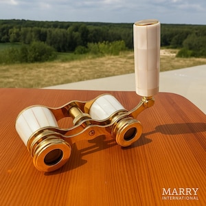 Luxury Vintage Opera Glasses – Brass & Mother of Pearl Binoculars with Handle – Collectible Theater Glass