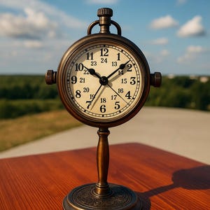 Puede incluir: Un reloj de escritorio de estilo vintage, de color bronce, con esfera redonda y base de pedestal. La esfera del reloj tiene números y manecillas negras, con un segundo juego de números en el borde. El reloj mide aproximadamente 20 cm de altura.