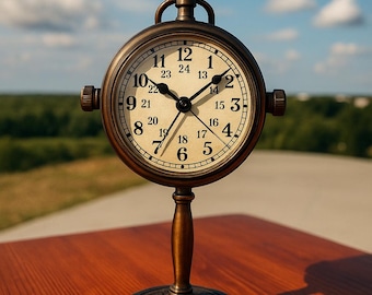Op de afbeelding: Een bronzen, vintage bureauruhrwerk met een ronde wijzerplaat en een voet. De wijzerplaat heeft zwarte cijfers en wijzers, met een tweede set cijfers rond de rand. De klok is ongeveer 20 cm hoog.