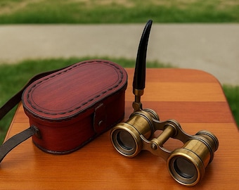 Vintage Brass Opera Glasses with Leather Case – Antique Binoculars with Handle