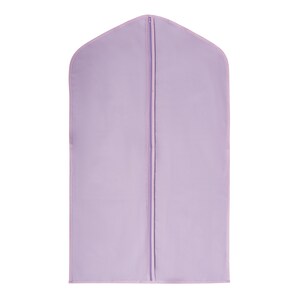 May include: A lilac garment bag with a full-length zip closure. The bag is designed to protect clothing and has a rounded top. The zip is a lighter shade of lilac, creating a subtle contrast. The bag is made of a smooth, solid-coloured fabric.