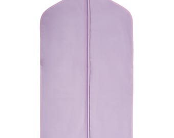 Garment cover, suit and dress clothes cover. Garment bag made from lilac colour polyester cotton twill. Suit covers Made in Britain.