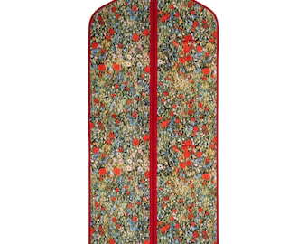 Garment cover, suit and dress clothes cover. Garment bag made from multi colour poppy print design polyester. Suit covers Made in Britain.
