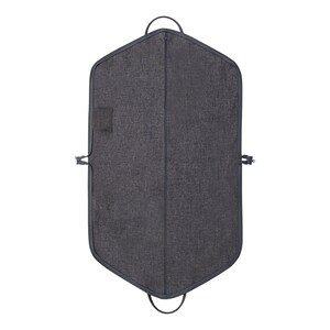 May include: A charcoal gray garment bag with a textured fabric. The bag has a hexagonal shape with a curved top and bottom. It features a small square pocket, two handles, and two clasps for closure.