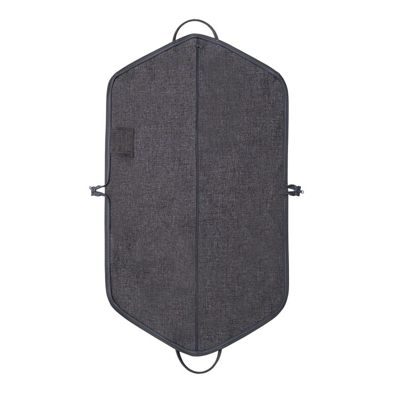 May include: A charcoal gray garment bag with a textured fabric. The bag has a hexagonal shape with a curved top and bottom. It features a small square pocket, two handles, and two clasps for closure.
