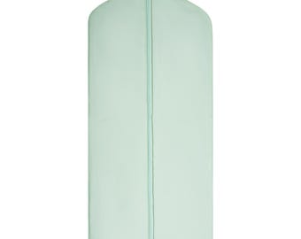 Garment cover, suit and dress clothes cover. Garment bag made from mint green colour polyester cotton twill. Suit covers Made in Britain.
