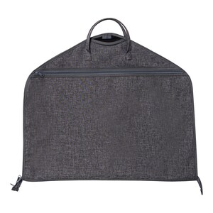 May include: A charcoal gray garment bag with a textured fabric. The bag has a full-length zipper, a top handle, and a triangular shape. The zipper is dark gray, and the bag is designed to protect clothing during travel.