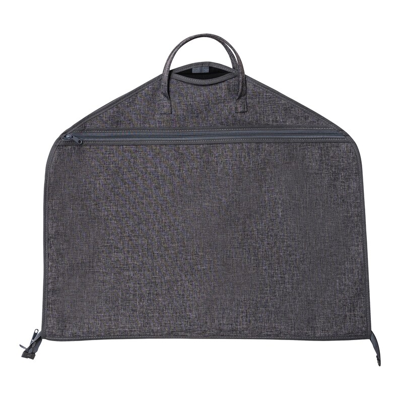 May include: A charcoal gray garment bag with a textured fabric. The bag has a full-length zipper, a top handle, and a triangular shape. The zipper is dark gray, and the bag is designed to protect clothing during travel.