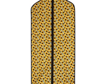 Garment cover, suit and dress clothes cover. Garment bag made from multi colour sunflower print design cotton. Suit covers Made in Britain.