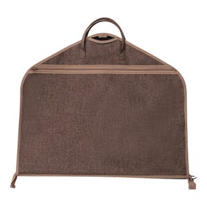 May include: A brown garment bag with a textured fabric. The bag has a handle at the top and a full-length zipper. The edges are trimmed with a lighter brown material. The bag is designed to protect clothing during travel.