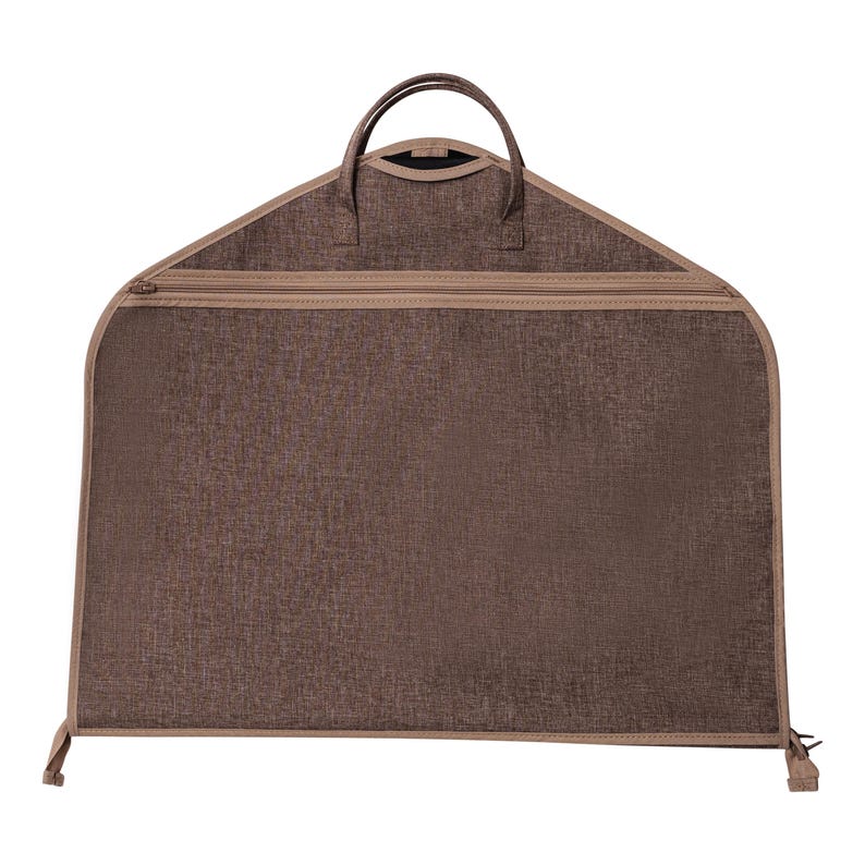 May include: A brown garment bag with a textured fabric. The bag has a handle at the top and a full-length zipper. The edges are trimmed with a lighter brown material. The bag is designed to protect clothing during travel.