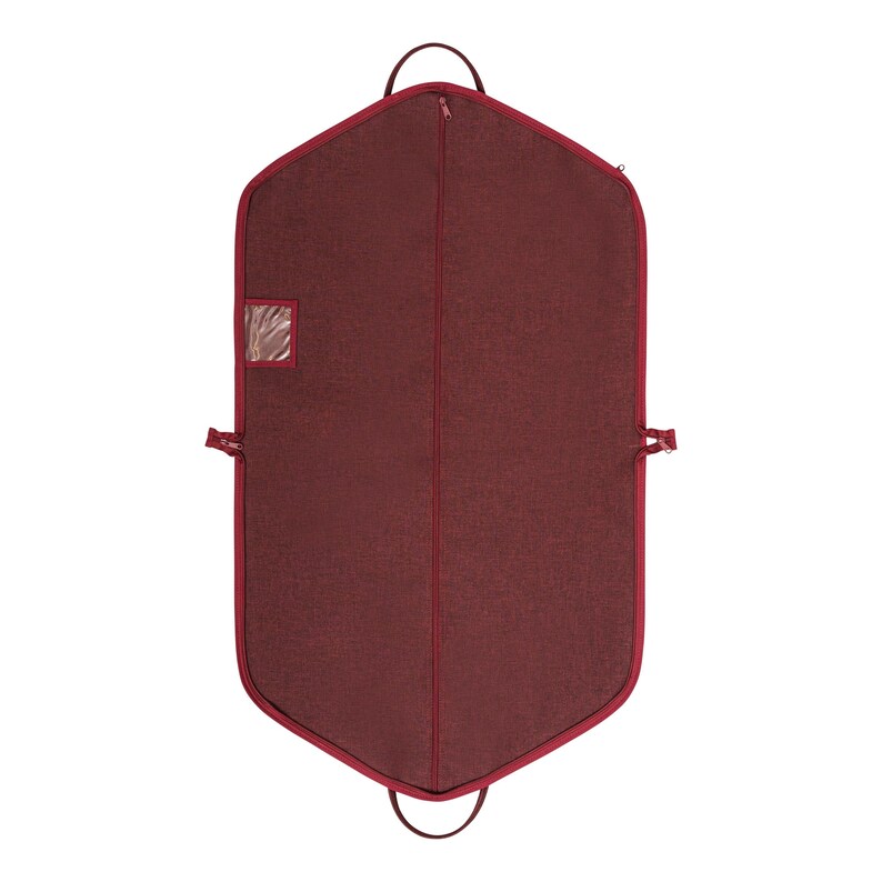 May include: A burgundy garment bag with a textured fabric. The bag has a full-length zipper, a clear window, and a handle at the top. It also has a handle at the bottom and two side straps.