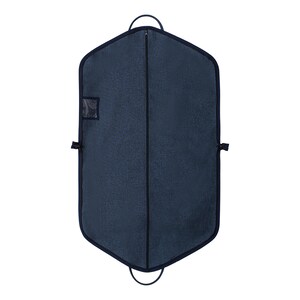 May include: A navy blue garment bag with a textured fabric. The bag has a full-length zipper, a small clear window, and a dark blue trim. It features a handle at the top and bottom for easy carrying. The bag is designed to protect clothing during travel.