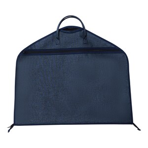 May include: A navy blue garment bag with a top handle and a full-length zipper. The bag has a triangular top and a rectangular body. The material has a textured appearance.