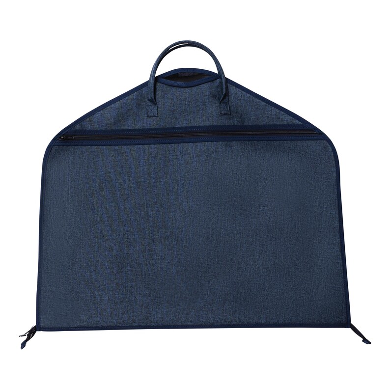 May include: A navy blue garment bag with a top handle and a full-length zipper. The bag has a triangular top and a rectangular body. The material has a textured appearance.