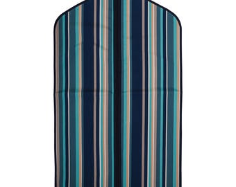 Garment cover, suit and dress clothes cover. Garment bag made from multi colour stripe print design polyester. Suit covers Made in Britain.