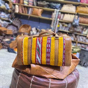 Authentic Moroccan Kilim Leather Weekender Bag – Handmade Travel Duffel + Bonus Leather Shoulder Bag – Artisan Story Included