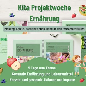 Może przedstawiać: Cyfrowe zasoby edukacyjne z tekstem "Kita Projektwoche Ernährung" i "5 Tage zum Thema Gesunde Ernährung und Lebensmittel". Obraz zawiera ilustracje owoców, warzyw i dzieci.