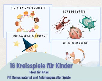 May include: A collection of illustrated cards for children, featuring playful watercolor images. The cards display titles such as "1.2.3 IM SAUSESCHRITT" and "KRABBELKÄFER". The bottom of the image includes the text "16 Kreisspiele für Kinder".