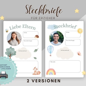 Op de afbeelding: Twee afdrukbare lerarenprofielvellen met aquarel illustraties. De vellen bevatten ruimte voor foto's en persoonlijke informatie. De tekst bevat "Liebe Eltern" en "Steckbriefe für Erzieher". Een printerpictogram met de tekst "SOFORT AUSDRUCKEN UND LOSLEGEN" is ook zichtbaar.