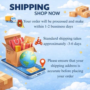 May include: A digital graphic featuring a smartphone displaying a shopping cart icon, topped with an open cardboard box containing a globe, gift boxes, and shopping bags. Text includes SHIPPING, SHOP NOW, and details about order processing and delivery.