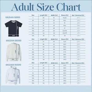 May include: An adult size chart featuring three tables for Gildan 5000, 18000, and 18500 garments. Each table lists sizes from S to 5XL with corresponding length, width, and sleeve measurements in inches, alongside a size tolerance of +/- 1 inch.