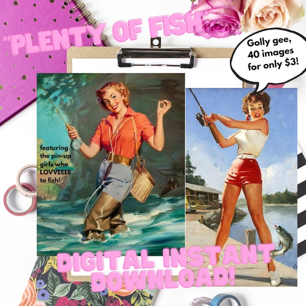 NEW! Plenty of Fish, Retro Pin Up Girls Fishing Photo Collection, INSTANT Download, digital download, printable, 40 images included