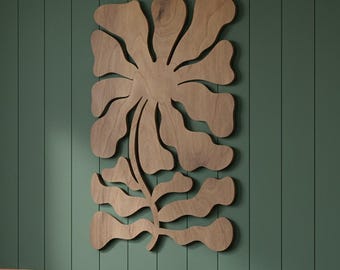 Mid Century moderne Wandkunst, abstraktes Holzblumendekor, Boho Schlafzimmer Wandbehang, große Holzskulptur, Retro Wohnzimmer Kunst