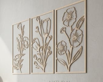 Decoración floral de pared, decoración floral de madera, decoración botánica de pared, decoración de flores de madera, paneles de naturaleza, decoración de madera