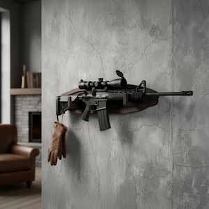 May include: A black rifle with a scope mounted on a wooden wall mount. Brown leather gloves hang below the rifle. The wall is grey with cracks.