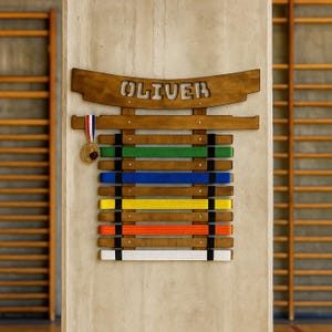 Karate belt wall display, Martial arts belt holder rack, Karate belt and medal display, Taekwondo belt stand, Custom judo belt display