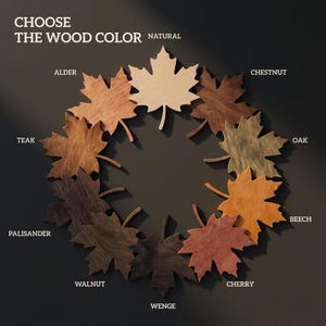 Peut inclure: Une disposition circulaire de d&eacute;coupes de feuilles d'&eacute;rable en bois, chacune pr&eacute;sentant une couleur de teinture de bois diff&eacute;rente. Les couleurs comprennent naturel, aulne, teck, palissandre, noyer, weng&eacute;, cerisier, h&ecirc;tre, ch&ecirc;ne et ch&acirc;taignier. Le texte en haut indique "CHOOSE THE WOOD COLOR".