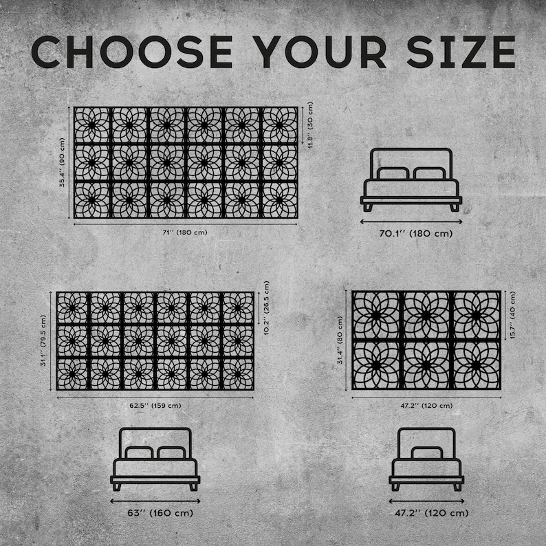 K&ouml;nnte beinhalten: Das Bild zeigt vier dekorative Paneele mit floralen Mustern, jeweils mit unterschiedlichen Abmessungen. Der Text "CHOOSE YOUR SIZE" steht oben. Die Ma&szlig;e sind in Zoll und cm angegeben, wobei das gr&ouml;&szlig;te Paneel 180 cm breit ist.