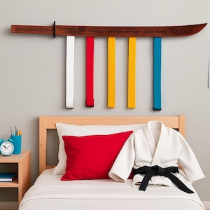 Martial Arts Belt Rack Wood, Karate Belt Display for Kids, Taekwondo Belt Holder Wall Mount, Belt Organizer Personalized Gift Idea