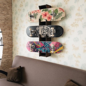 Wall mount skateboard rack, Vertical skateboard storage shelf, Wooden skateboard wall hanger, Skateboard display wall holder stand