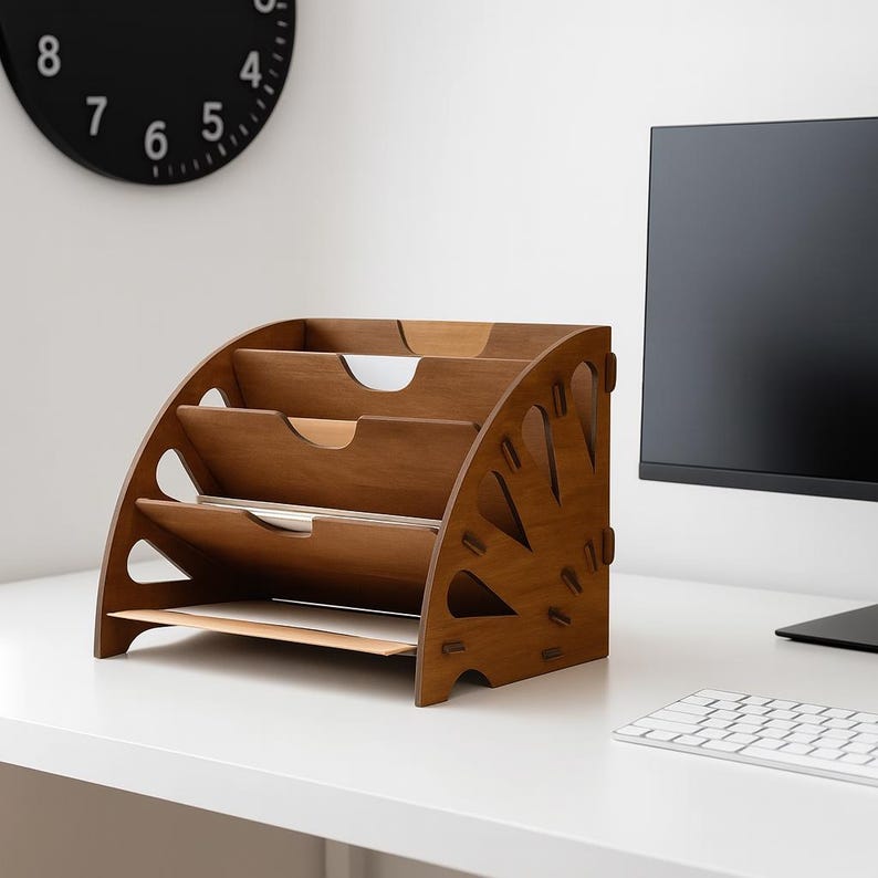 K&ouml;nnte beinhalten: Ein h&ouml;lzerner Schreibtisch-Organizer mit vier gestaffelten F&auml;chern f&uuml;r Papiere und Akten. Der Organizer hat ein geschwungenes Design mit dekorativen Ausschnitten an der Seite. Das Holz hat einen warmen, mittelbraunen Ton.