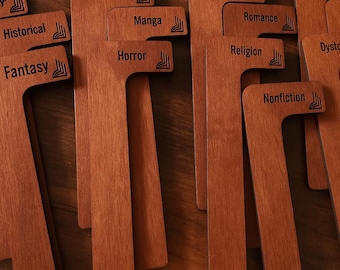 Bücherregal-Teiler, Holz-Buchteiler, Bibliotheksregaletiketten, Buchgenre-Teiler, Kategorie Regalteiler, Bücherregal-Regalteiler