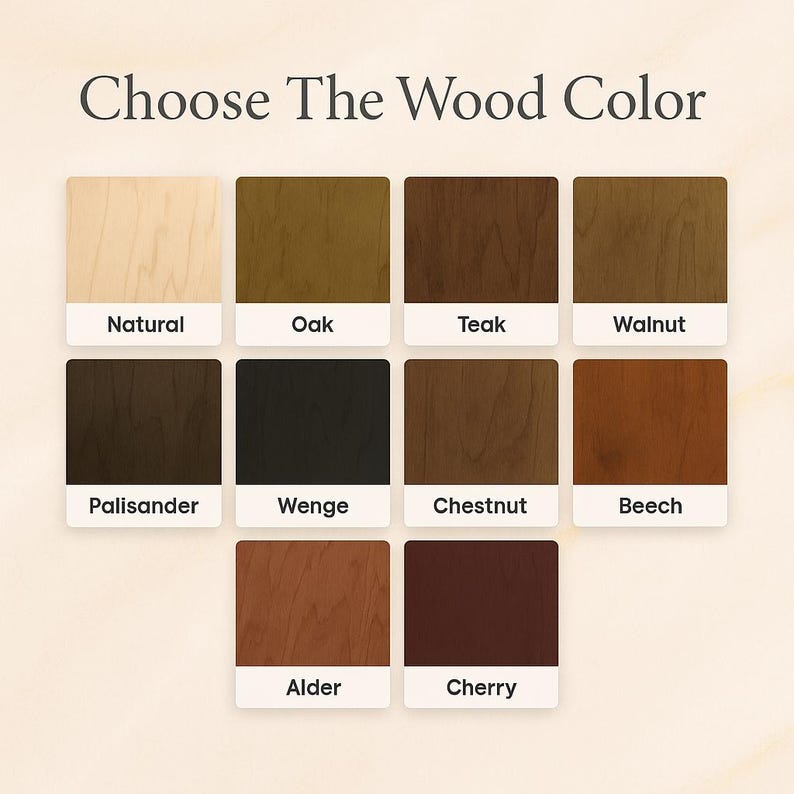 K&ouml;nnte beinhalten: Eine Farbkarte mit neun Holzbeizoptionen: Natur, Eiche, Teak, Walnuss, Palisander, Wenge, Kastanie, Buche, Erle und Kirsche. Der Text "W&auml;hlen Sie die Holzfarbe" steht oben.