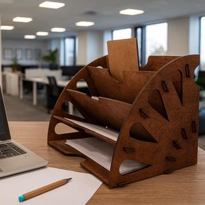 May include: A dark brown wooden desk organiser with several compartments for documents and files. The organiser has a curved design with decorative cutouts. A laptop, paper, and pencil are also on the desk.