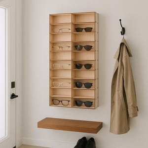 Wall mounted sunglasses display rack, Wooden glasses holder organizer stand, Multi slot eyewear storage shelf for desk or entryway