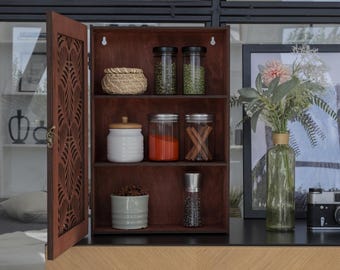 An der Wand befestigtes Gewürzregal, hölzernes Wand-Gewürzschrank, rustikaler Küchen-Gewürzhalter, geschnitztes Holz-Wandschrank, kleines Küchen-Wandregal
