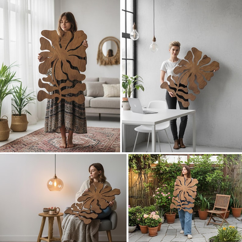 Peut inclure: Un grand panneau d&eacute;coratif en bois avec un motif floral. Le panneau est marron avec un motif d&eacute;coup&eacute;, et est tenu par une personne dans chacune des quatre images. Le panneau est une &oelig;uvre d'art murale unique.