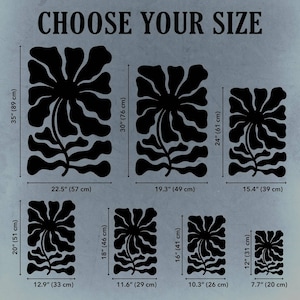 Peut inclure: Art mural floral noir de diff&eacute;rentes tailles, avec des dimensions allant de 20 cm &agrave; 89 cm de hauteur. L'image comprend le texte "CHOOSE YOUR SIZE" en haut, avec des mesures en pouces et en centim&egrave;tres.
