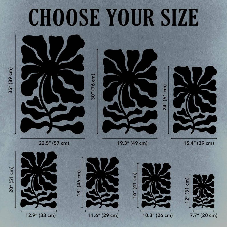 Peut inclure: Art mural floral noir de diff&eacute;rentes tailles, avec des dimensions allant de 20 cm &agrave; 89 cm de hauteur. L'image comprend le texte "CHOOSE YOUR SIZE" en haut, avec des mesures en pouces et en centim&egrave;tres.