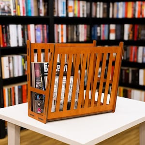 Wooden magazine holder, Magazine rack wood, Vertical book rack, Book storage rack, Rustic magazine holder, Office magazine rack