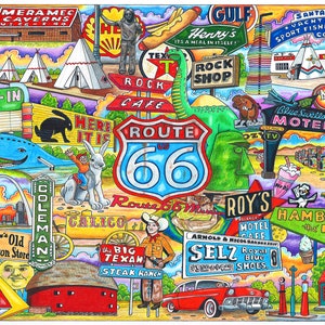 May include: A colorful illustration of Route 66 with various roadside attractions, including a drive-in, a motel, a rock shop, a steak ranch, a cafe, and a hamburger stand. The illustration features a blue and red Route 66 sign with the number 66 in white.