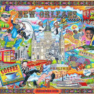 May include: A colorful illustration of New Orleans, Louisiana, featuring iconic landmarks, food, and culture. The image includes the St. Louis Cathedral, a streetcar, a jazz musician, a cafe, and a praline shop. The text "New Orleans Louisiana" is written in large, bold letters at the top of the image.
