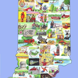 May include: A colorful illustration of the state of Indiana with various images representing different aspects of the state. The illustration is in the shape of the state and includes images of a cardinal, a cornfield, a race car, a basketball, and a Santa Claus. The text "WHO, WHAT, & WHERE INDIANA" is at the bottom of the illustration.